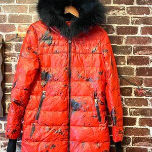 Glamour Gr&cf Red Graffiti Puffer Jacket with Faux Fur Hood - Moncler Style